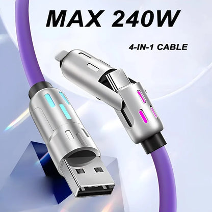 240W 4-in-1 Fast Charging Cable Multi-Functional Soft Silicone USB Data Cable for iPhone Xiaomi Samsung iPad Laptop