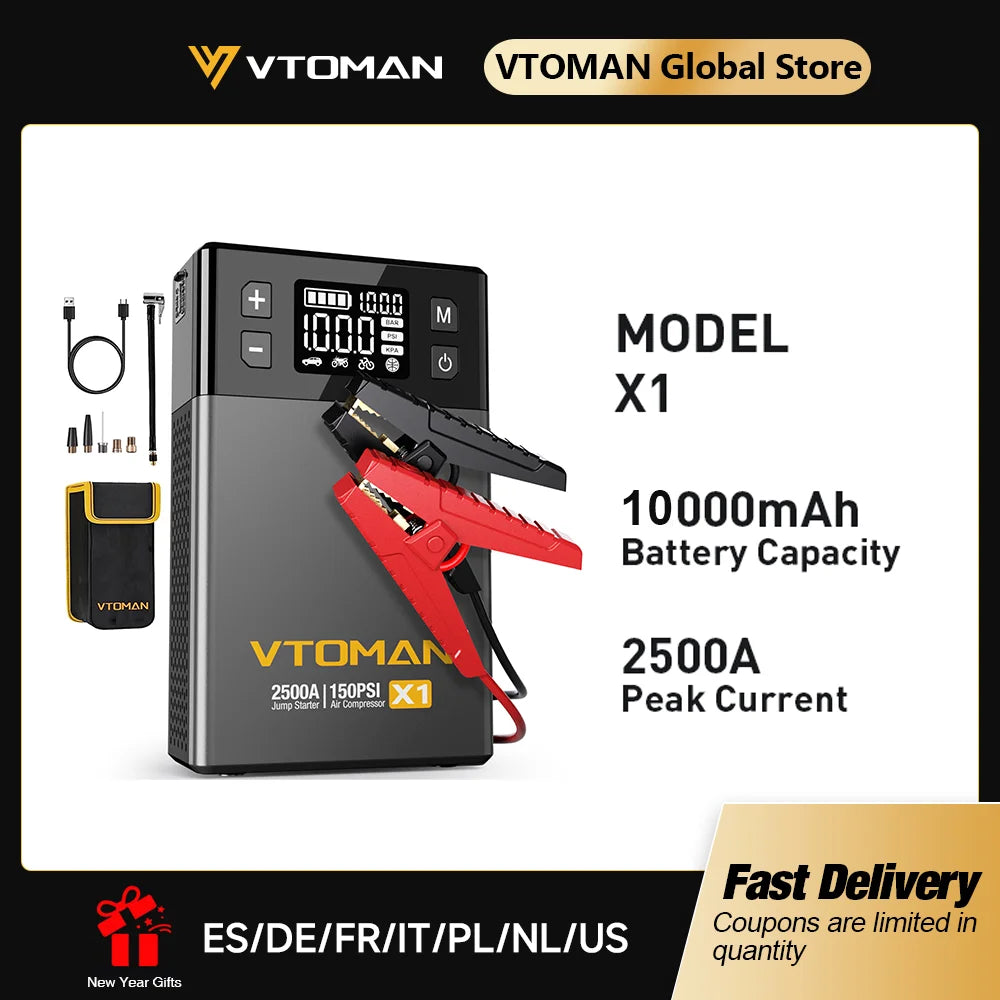 VTOMAN Car Jump Starter 10000mAh Portable Power Bank with Air Compressor 150 PSI Car Starting Device for Petrol Diesel 8.5L/6.0L