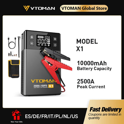 VTOMAN Car Jump Starter 10000mAh Portable Power Bank with Air Compressor 150 PSI Car Starting Device for Petrol Diesel 8.5L/6.0L