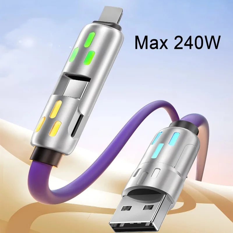 240W 4-in-1 Fast Charging Cable Multi-Functional Soft Silicone USB Data Cable for iPhone Xiaomi Samsung iPad Laptop