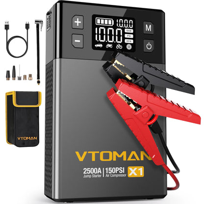 VTOMAN Car Jump Starter 10000mAh Portable Power Bank with Air Compressor 150 PSI Car Starting Device for Petrol Diesel 8.5L/6.0L