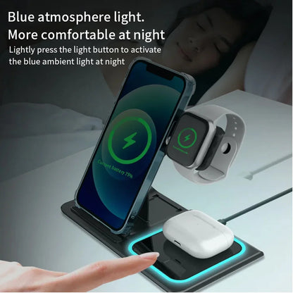 LED Fast Wireless Charger Stand 3 in 1 Foldable Charging Station For iPhone 17 16 15 14Apple Watch 9 8 7 6 5 Airpods Pro