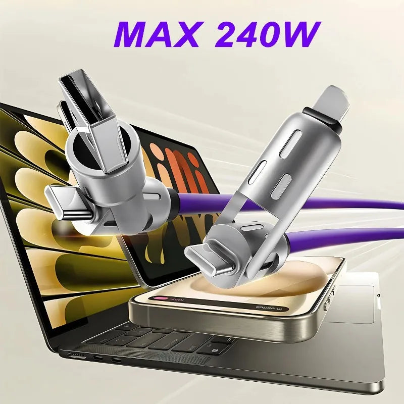 240W 4-in-1 Fast Charging Cable Multi-Functional Soft Silicone USB Data Cable for iPhone Xiaomi Samsung iPad Laptop