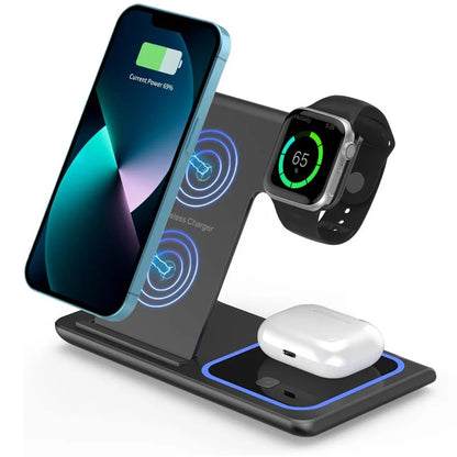 LED Fast Wireless Charger Stand 3 in 1 Foldable Charging Station For iPhone 17 16 15 14Apple Watch 9 8 7 6 5 Airpods Pro