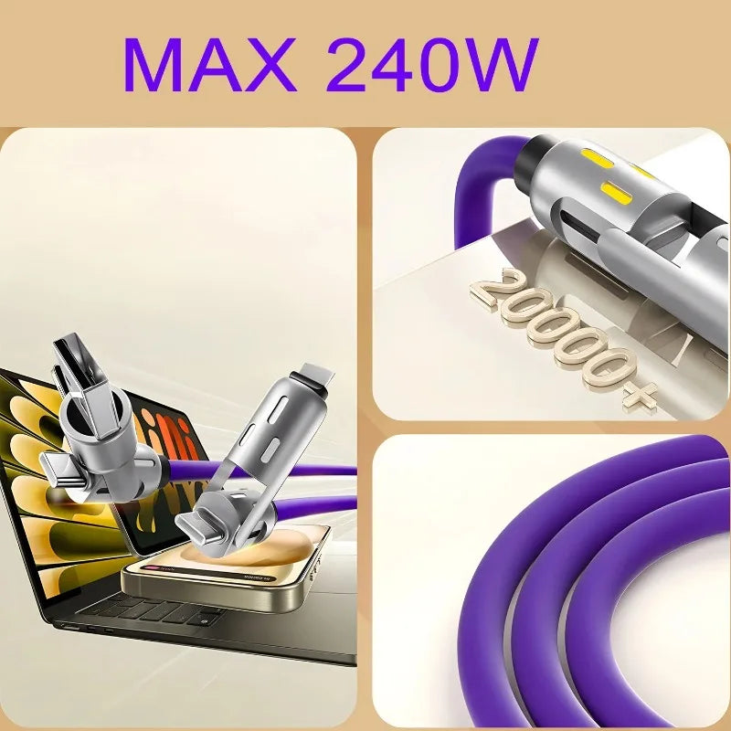 240W 4-in-1 Fast Charging Cable Multi-Functional Soft Silicone USB Data Cable for iPhone Xiaomi Samsung iPad Laptop