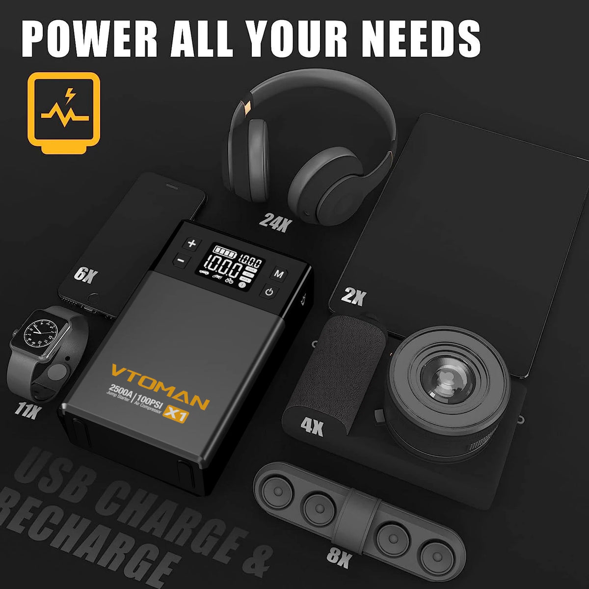 VTOMAN Car Jump Starter 10000mAh Portable Power Bank with Air Compressor 150 PSI Car Starting Device for Petrol Diesel 8.5L/6.0L
