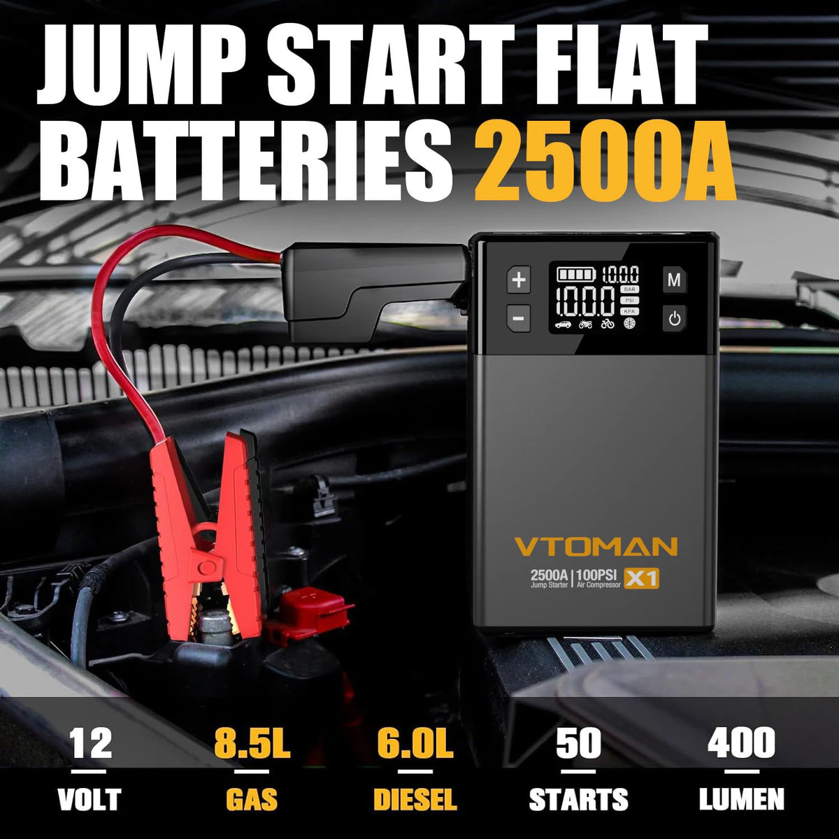 VTOMAN Car Jump Starter 10000mAh Portable Power Bank with Air Compressor 150 PSI Car Starting Device for Petrol Diesel 8.5L/6.0L
